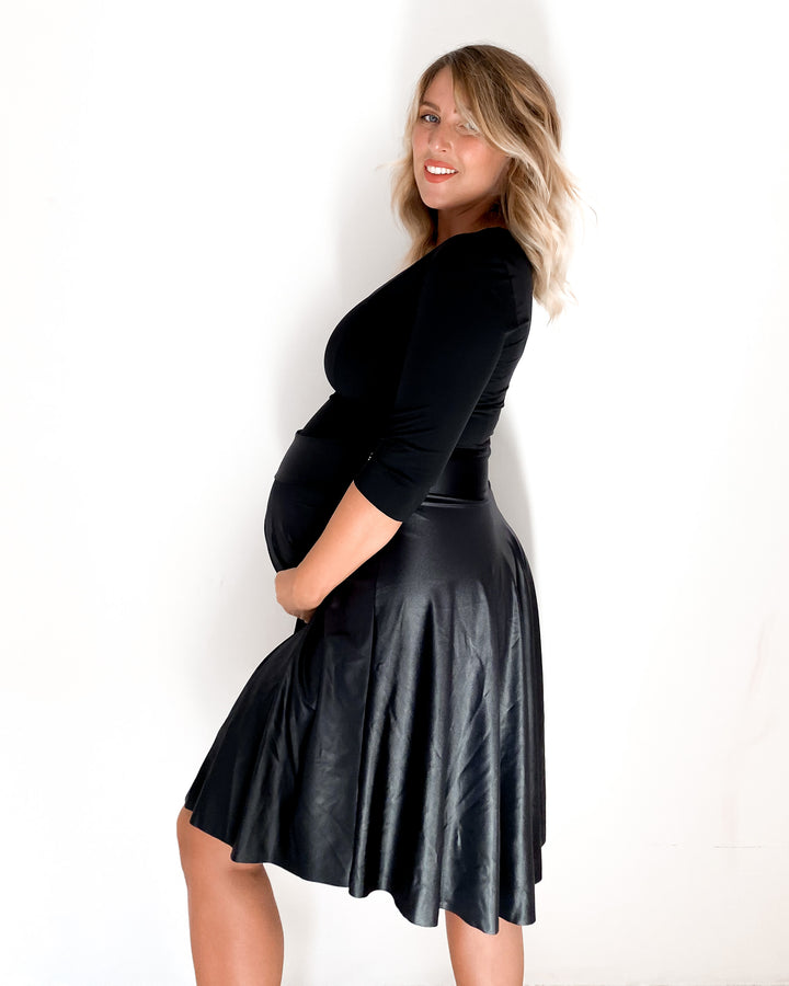 Stretch MIDI skirt - BLACK faux leather effect