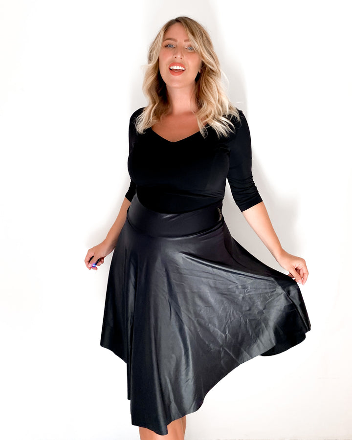 Stretch MIDI skirt - BLACK faux leather effect