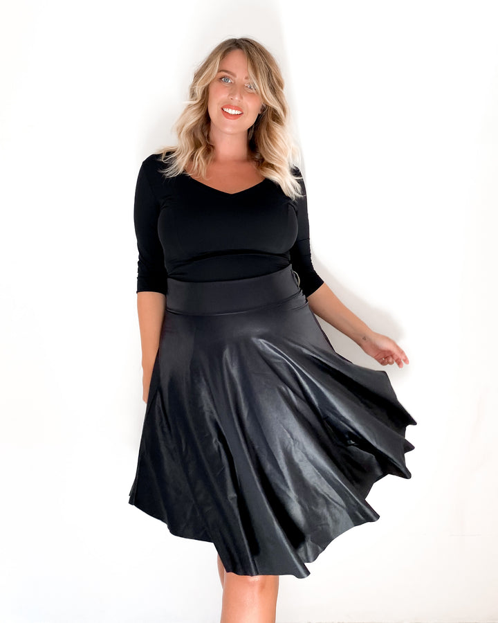 Stretch MIDI skirt - BLACK faux leather effect