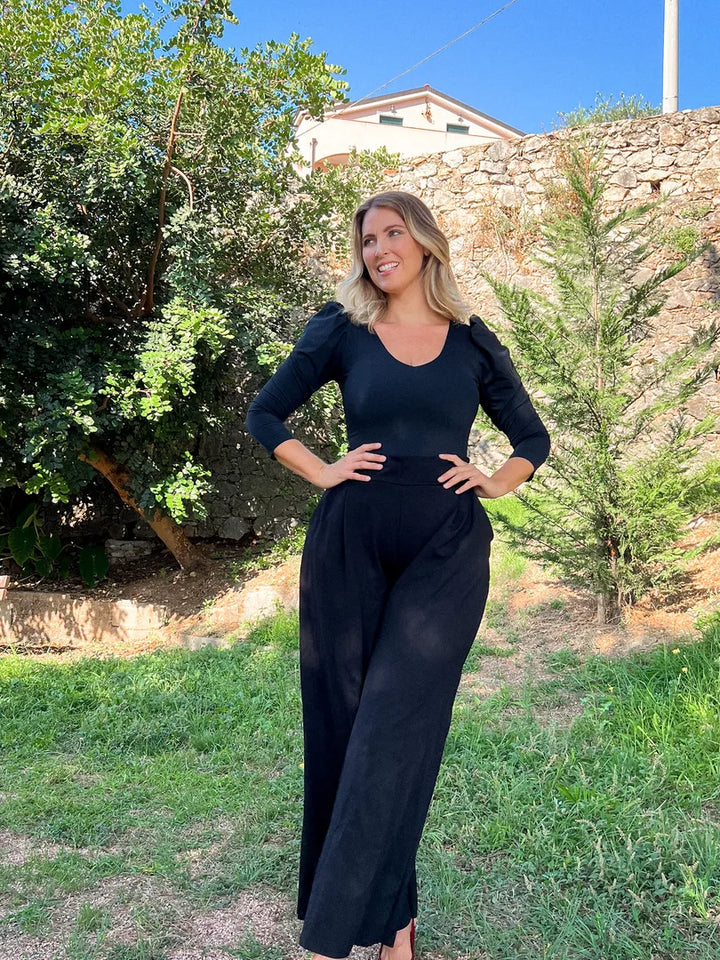 RUFFLE Leotard with Puff Sleeves - BLACK